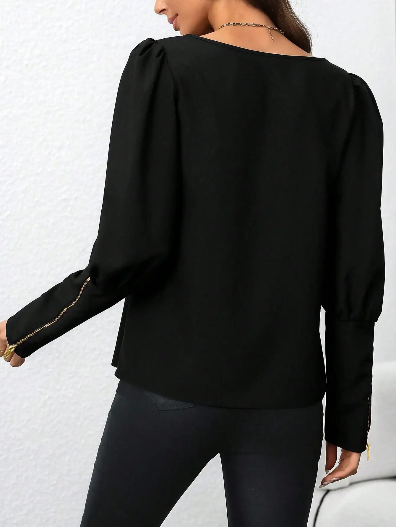 Camisa feminina com design de zíper de metal e manga bufante pano de outono para mulheres