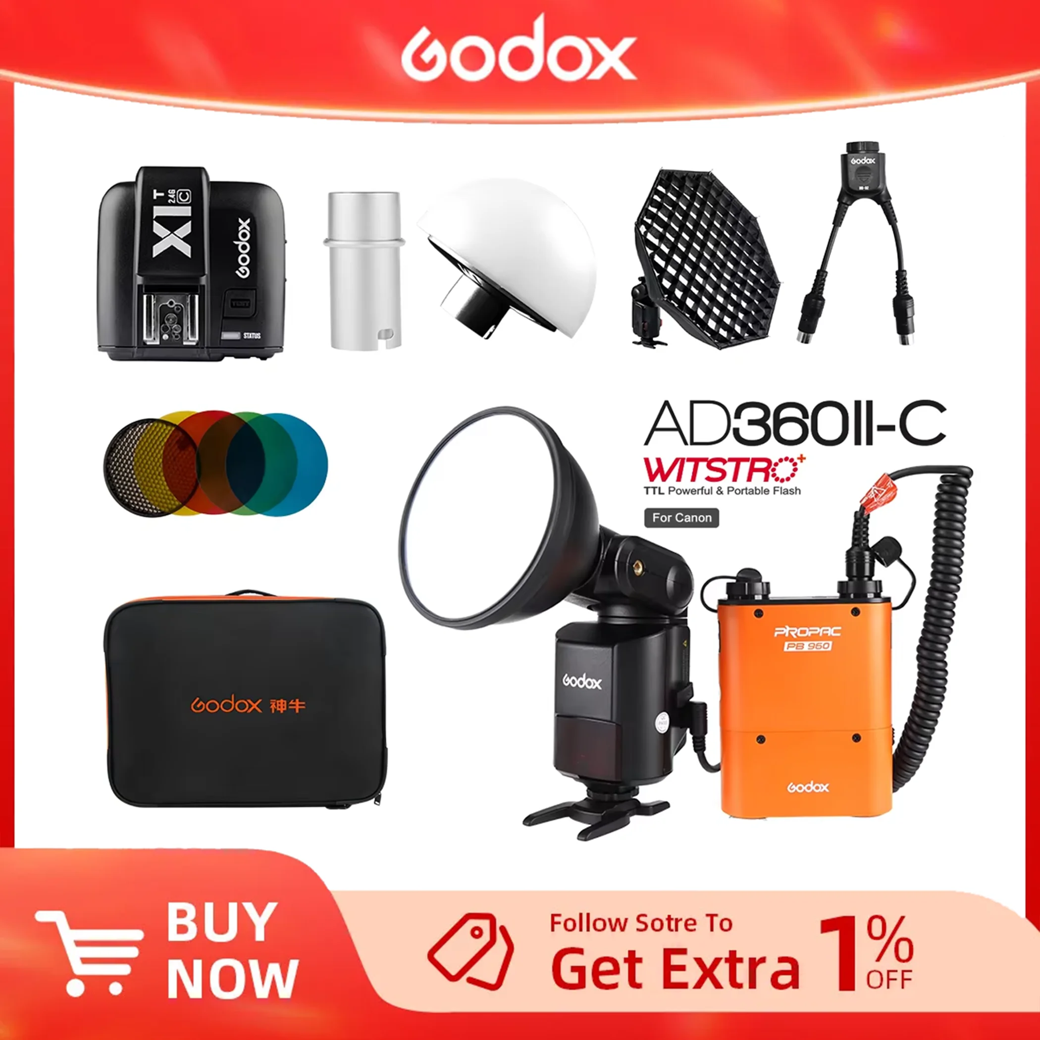 

Godox AD360II-C TTL Powerful Speedlite Flash + X1T-C TTL Transmitter + PB960 Power Pack Orange or Black + Softbox +Carry Bag Kit