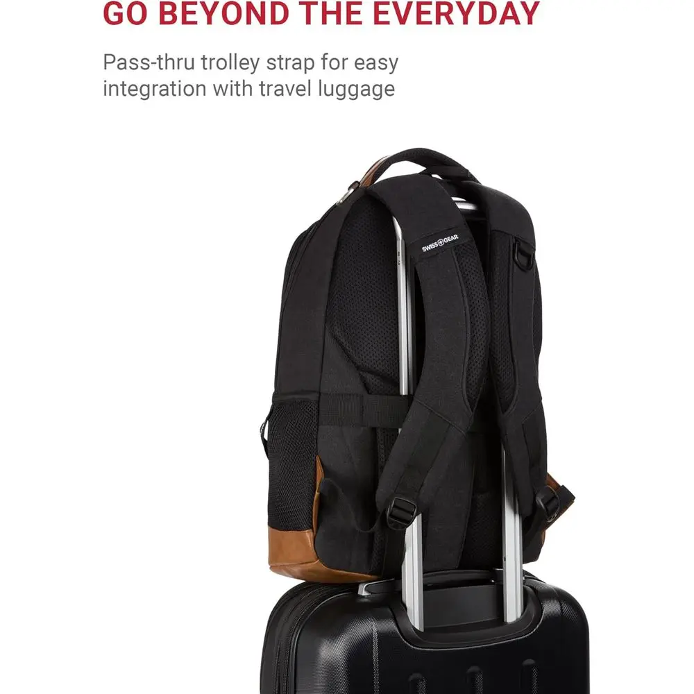 SwissGear 5505 16” Laptop Backpack Black Canvas/Brown – Daily Laptop Bag with Gear Attachment Options – Multiple Organizer kets