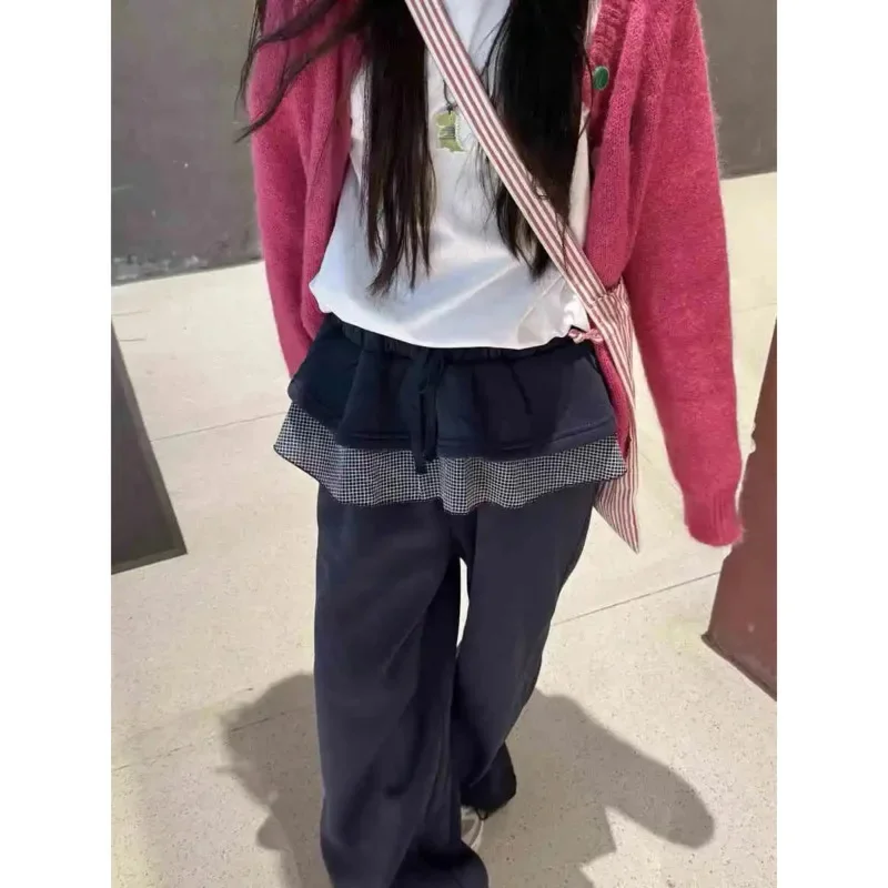 Dongdaemun Y2K Lattice Layered Pants Korean Women summer Autumn Cute Leaf Splicing Skirt Pants Elastic Waist Casual Pants New