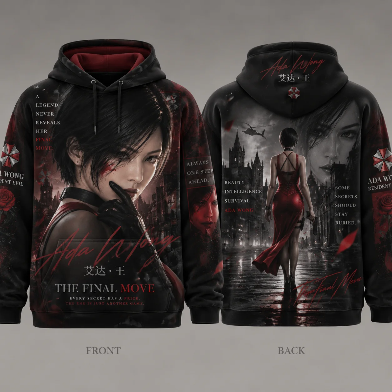 Y2K Ada Wong Full Print Hoodie Vintage Poster Aesthetic Loose Streetwear Pullover Casual Sweatshirt for Men Women Kids Unisex