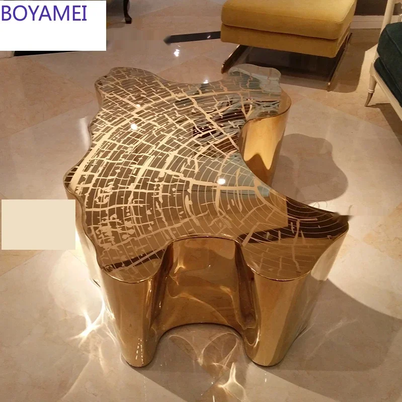 

New furniture stainless steel door less integrated metal simple opposite stump tuhao electroplating post modern tea table