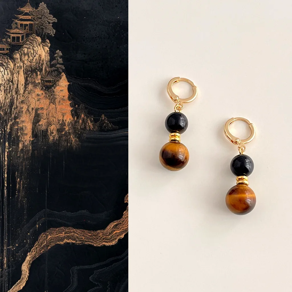 

Original Handcrafted Tiger's Eye Earrings, Niche Retro Obsidian Stud Earrings, Classical Brown And Black Ear Accessories