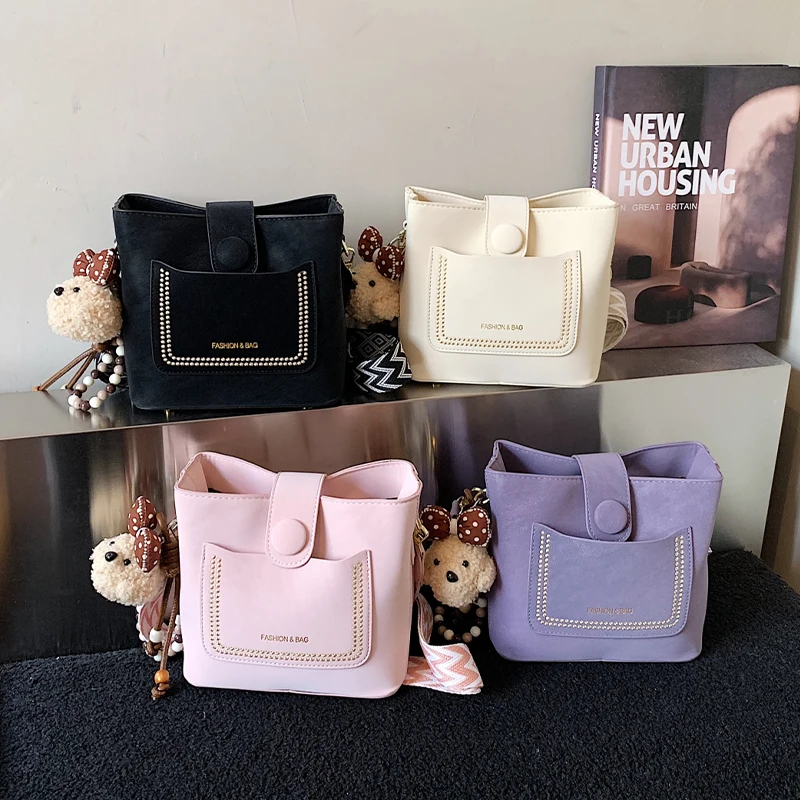 

Embroidery Strap Shoulder Handbag Purple Bag For Women Designer Mini Small Bucket Crossbody Bag Lady Solid Color Pu Leather Tote
