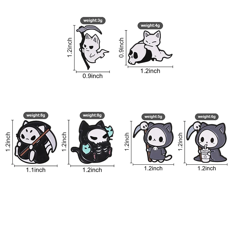 Halloween Cute Grim Reaper Cat Badge Cartoon Skeleton Ghost Enamel Pins Fashion Lapel Metal Brooch Backpack Clothes Jewelry Gift