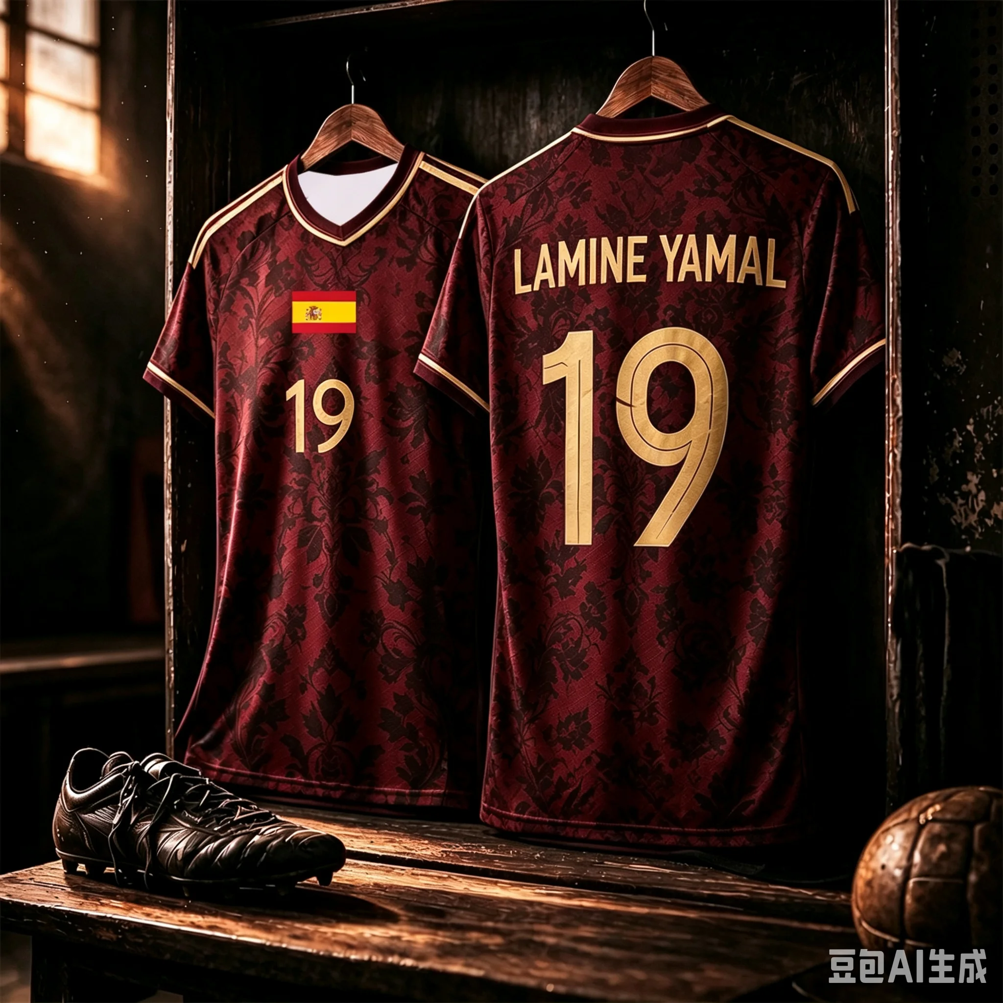 Adult Spain Soccer Jersey 2026 Crest Fan Football Shirt Number 19 Floral Dark Print Gold Trim Short‑Sleeve Supporter Uniform