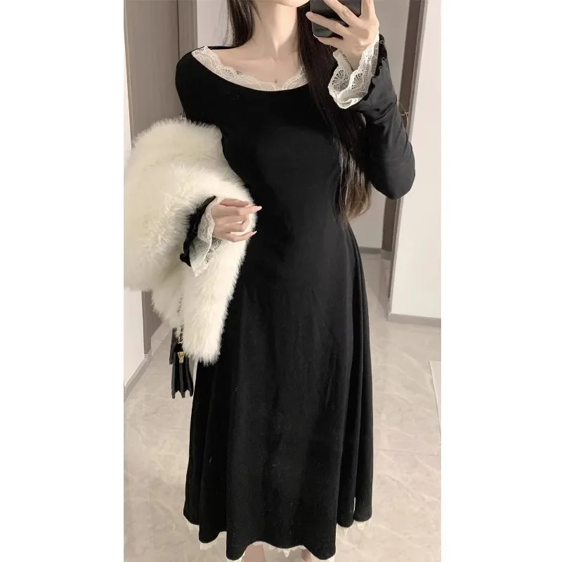 Black Splicing Lace Dress For Women Spring Autumn Long Sleeve Show Waist Design Sense Temperament Medium Length A-line Dresses