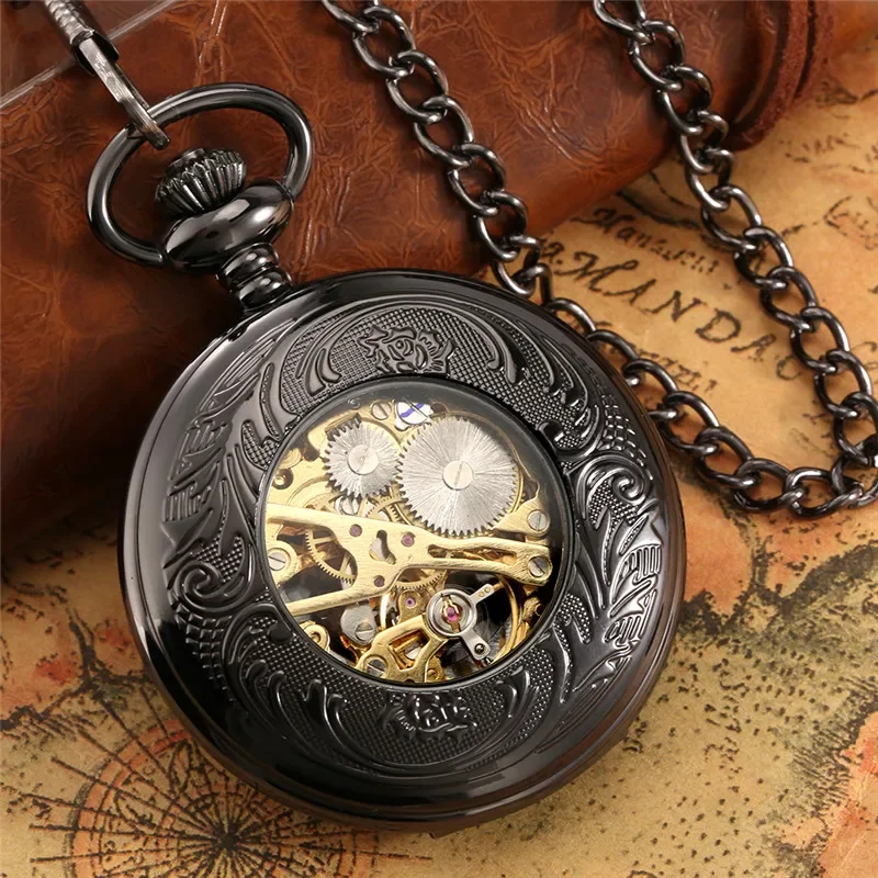 Antique Hollow Out Mechanical Hand Winding Pocket Watch for Men Women Steampunk Half Hunter Clock FOB Pendant Chain Watches Gift