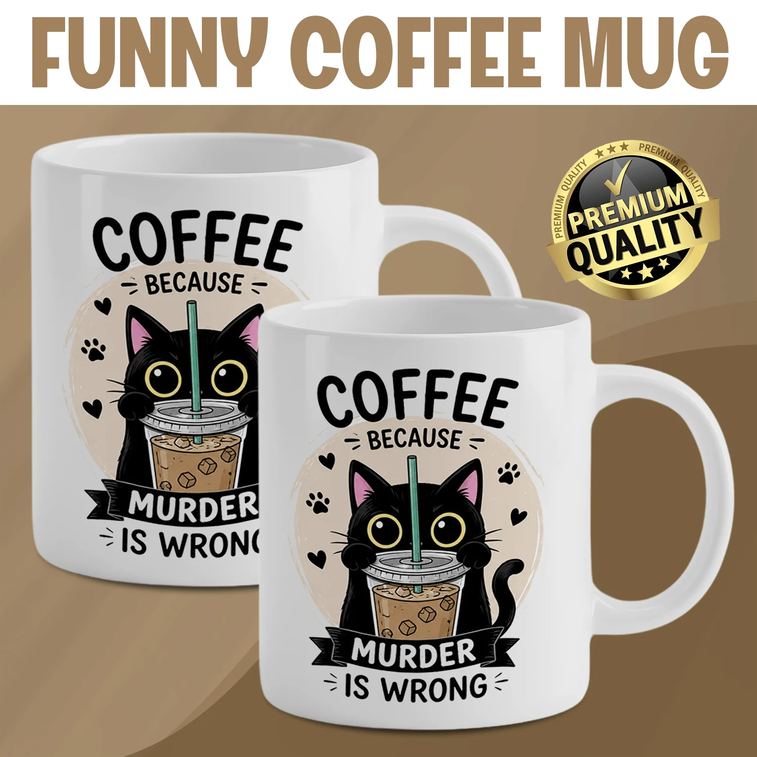 Coffee Because Cat Mug, Funny Black Cat Coffee Cup, Cute Kitten Iced Coffee Design Ceramic Mug, Cat Lover Gift, Funny Animal Coffee Mug