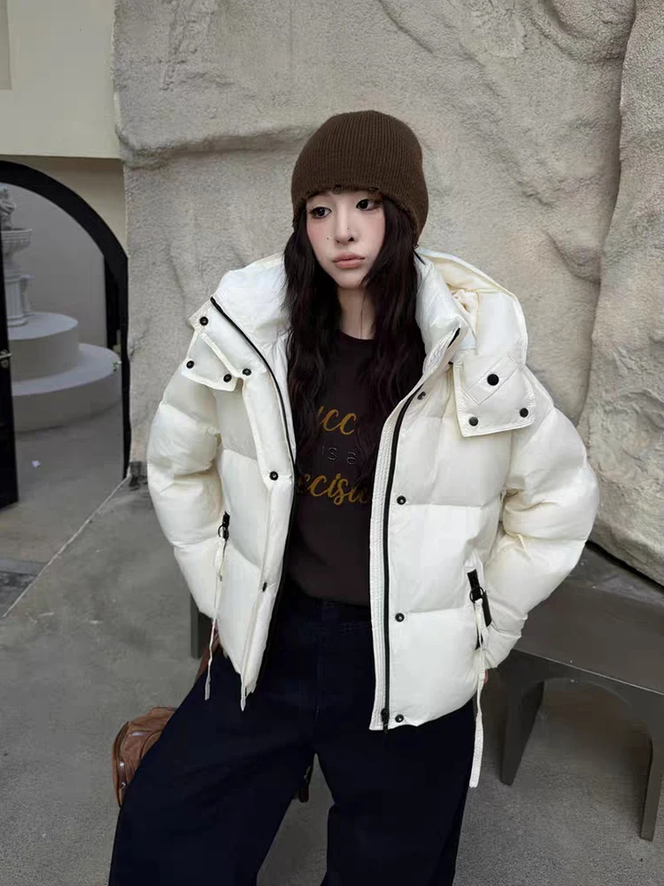 

Winter Short Solid Puff Hooded Down Jacket Women White Duck Down Waterproof Parker Outwears Female Zipper Thicken Warm Jackets