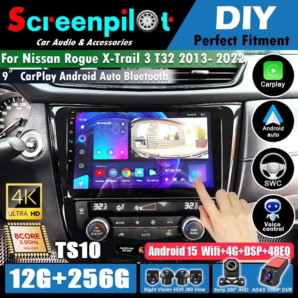 Android 16GPS para Nissan Rogue X-Trail xtrail X -Trail 3 T32 2013-2022 Reproductor multimedia estéreo para coche Carplay Android Auto WiFi