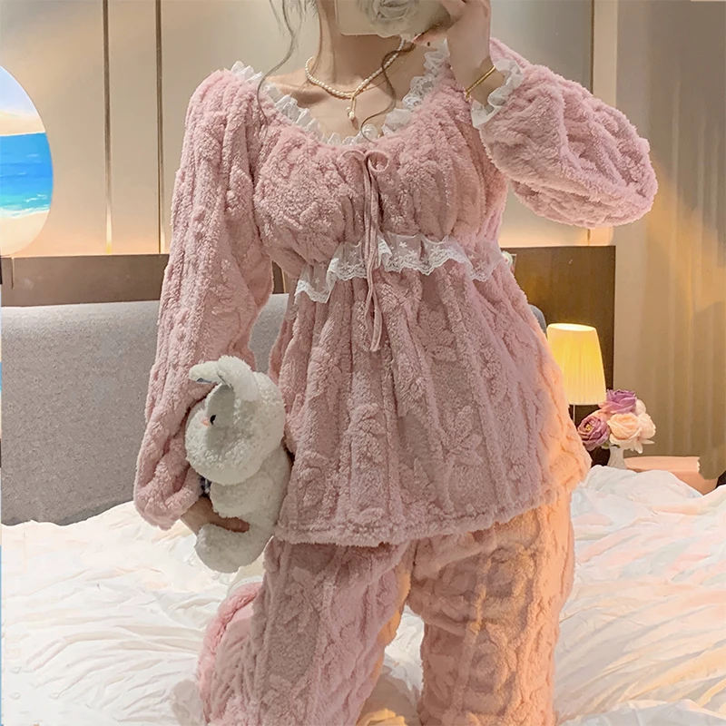 Winter New Plush Soft Warm Women\'s Pajamas Lace V-neck Long Sleeve 2 Piece Outfit Set Women Sweet Solid Color Princess Home Wear