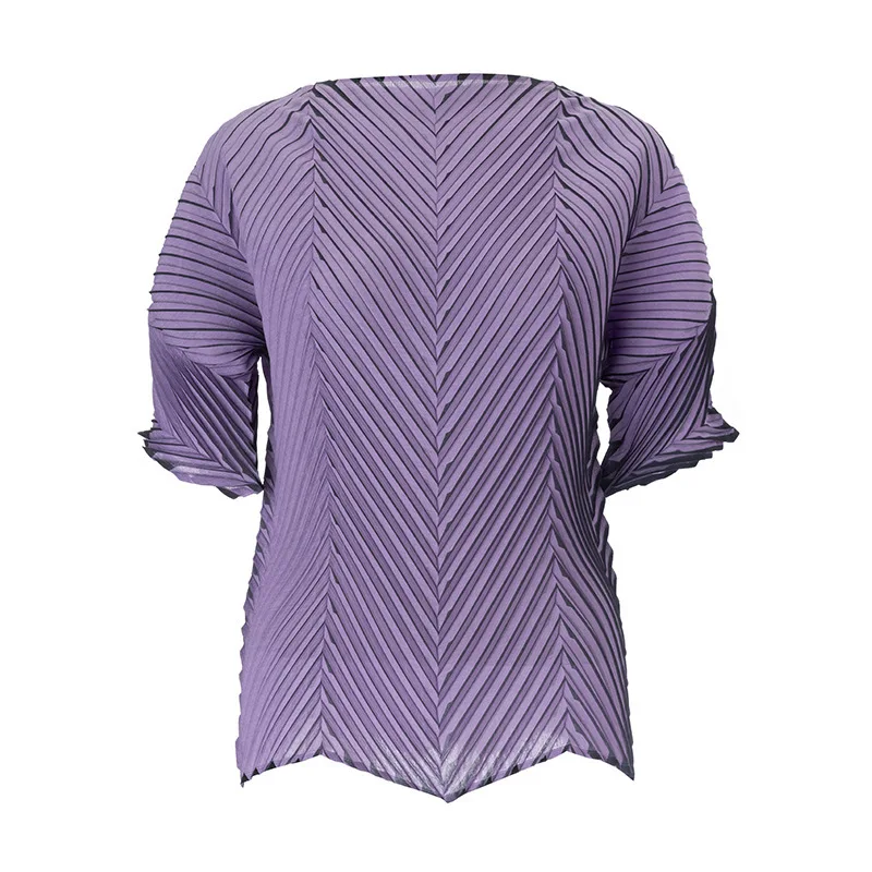YFPF Miyake Pleated 여성 티셔츠 패션 반팔 보라색 솔리드 컬러 다목적 탑 블라우스 캐주얼 2025 New Clothing