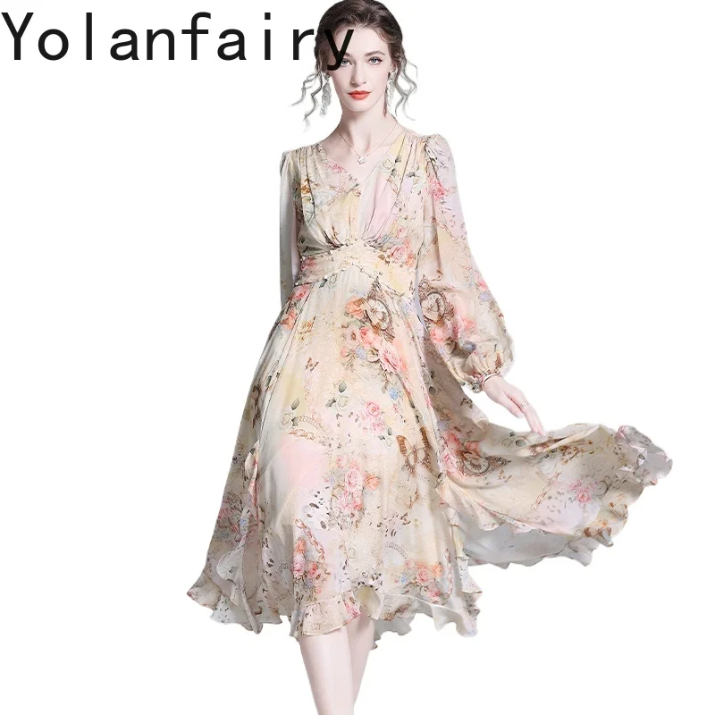 YOLANFAIRY 100% Real Mulberry Silk Dress Woman Autumn High Quality Elegant Floral Dress Super Fairy Long Sleeve Women's Dresses