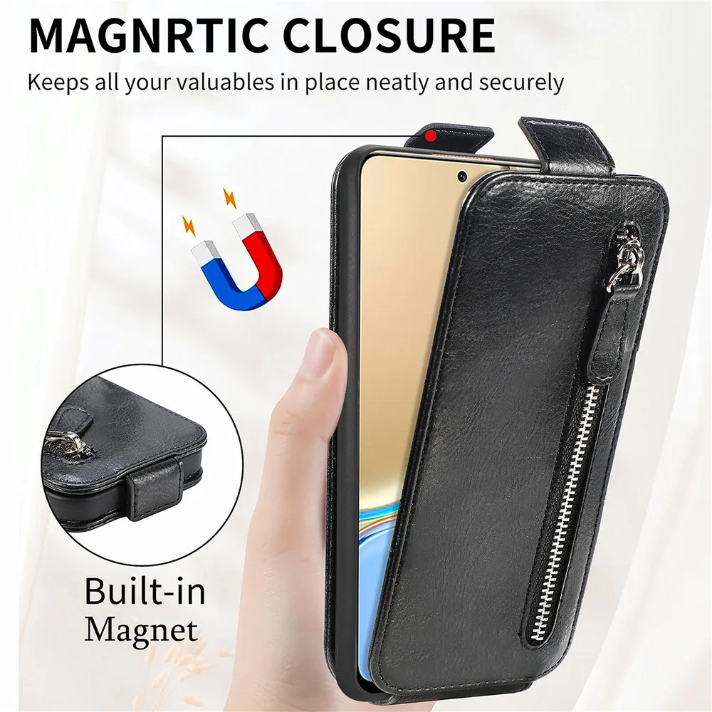 For Honor 90 Pro 90lite Flip Leather Vertical Zipper Wallet Case For Honor 80 Pro 70 Lite 60 SE Magnetic Card Slot Holder Cover