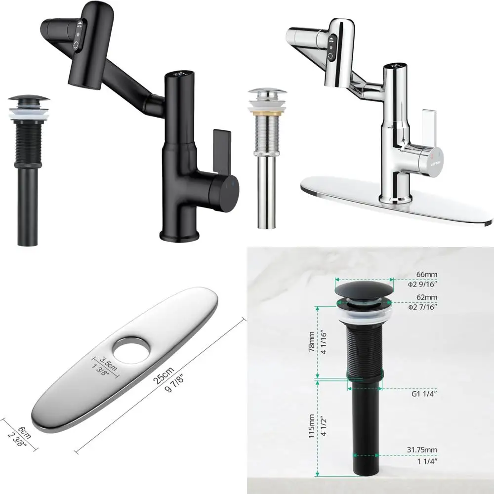 Grifo de baño giratorio contemporáneo negro mate con tapón de drenaje de fregadero emergente sin desbordamiento - Accesorio de lavabo de baño moderno