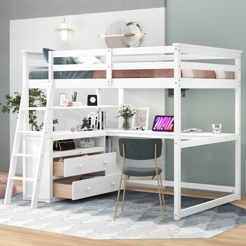 Full Size Loft Bed with Desk Wood Loft Bed Frame with Shelves, and 2 Built-in Drawers, White