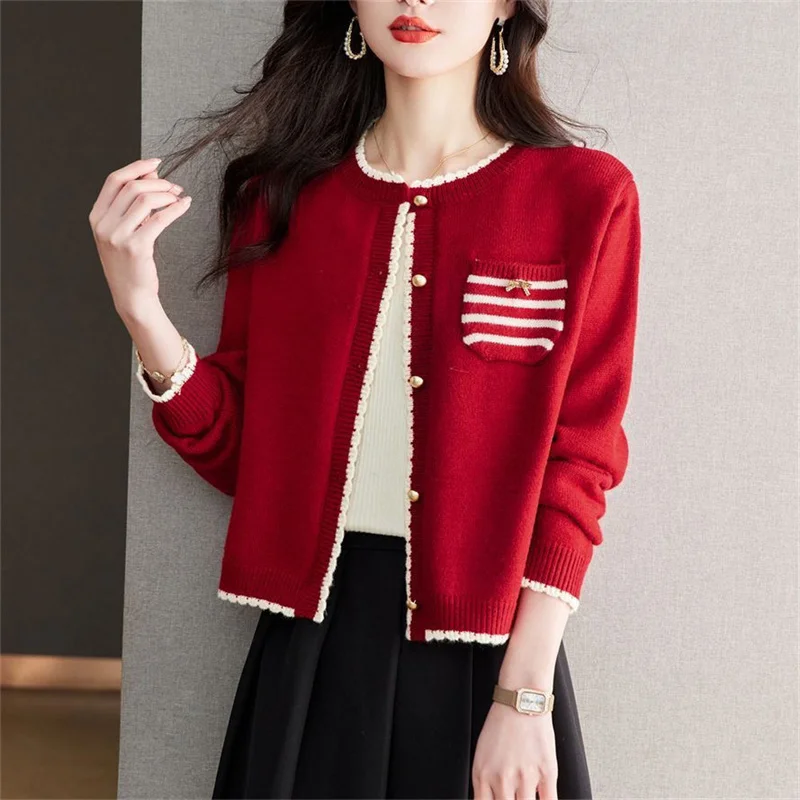 

2026 New Spring Autumn Sweater Knitted Cardigan Coat Women's Sweater Korean Color Blocking Fashion Knitwear Jacket Female Top