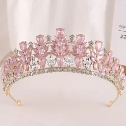 DIEZI Sweet Green Pink Opal Crystal Crown Bridal Headwear Hair Accessories Elegant Queen Tiaras Girls Wedding Dress Headbands