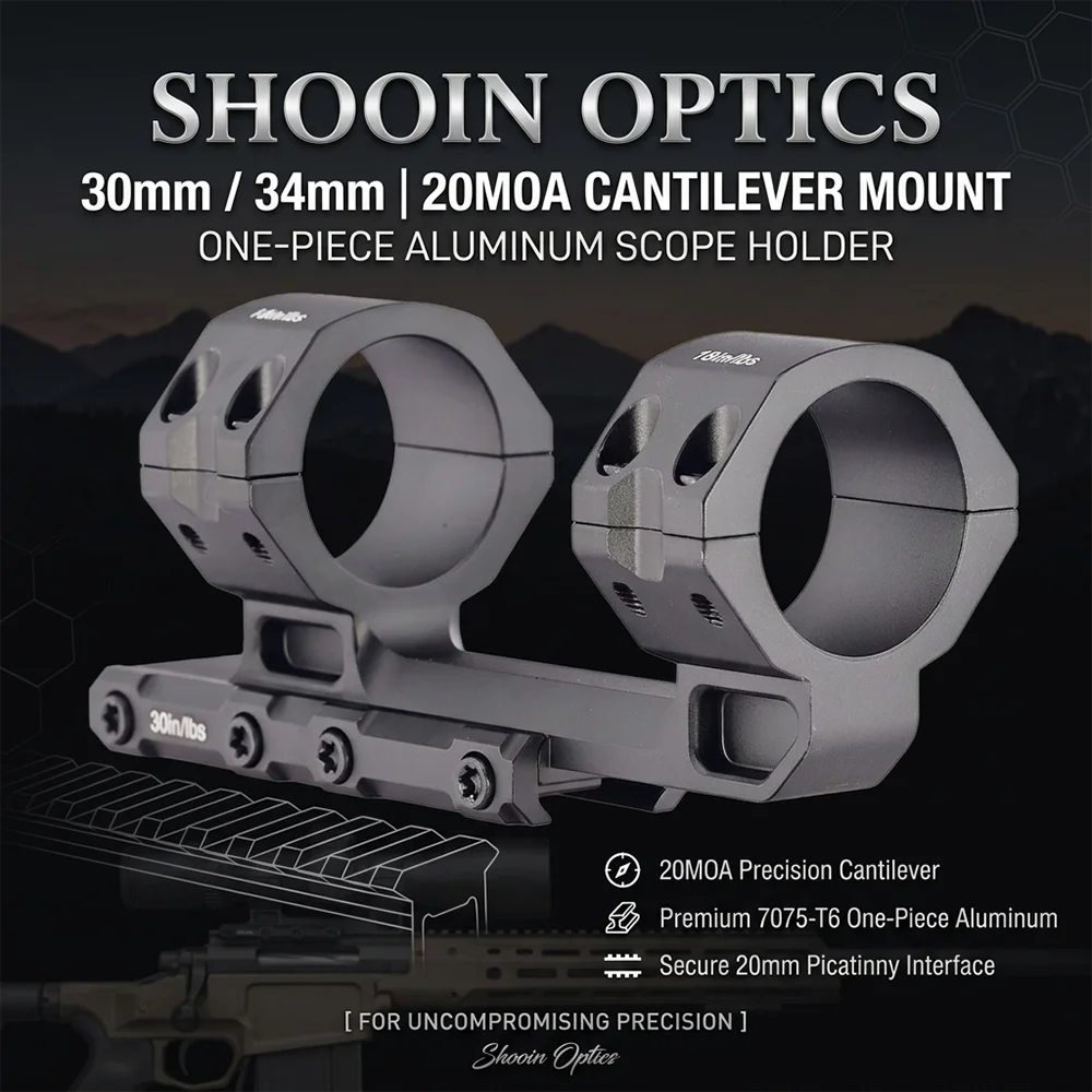 Shooin Optics 30mm/34mm 20MOA Cantilever Mount One Piece Aluminum Scope Holder for 20mm Picatinny Rail Base