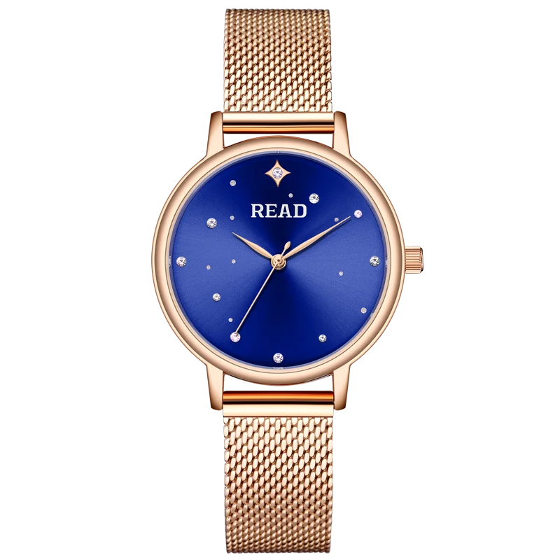 READ Women Quartz Watch | Blue Sunburst Crystal Dial | Rose Gold Mesh Band | 30M Water Resistant Folding Clasp Watch