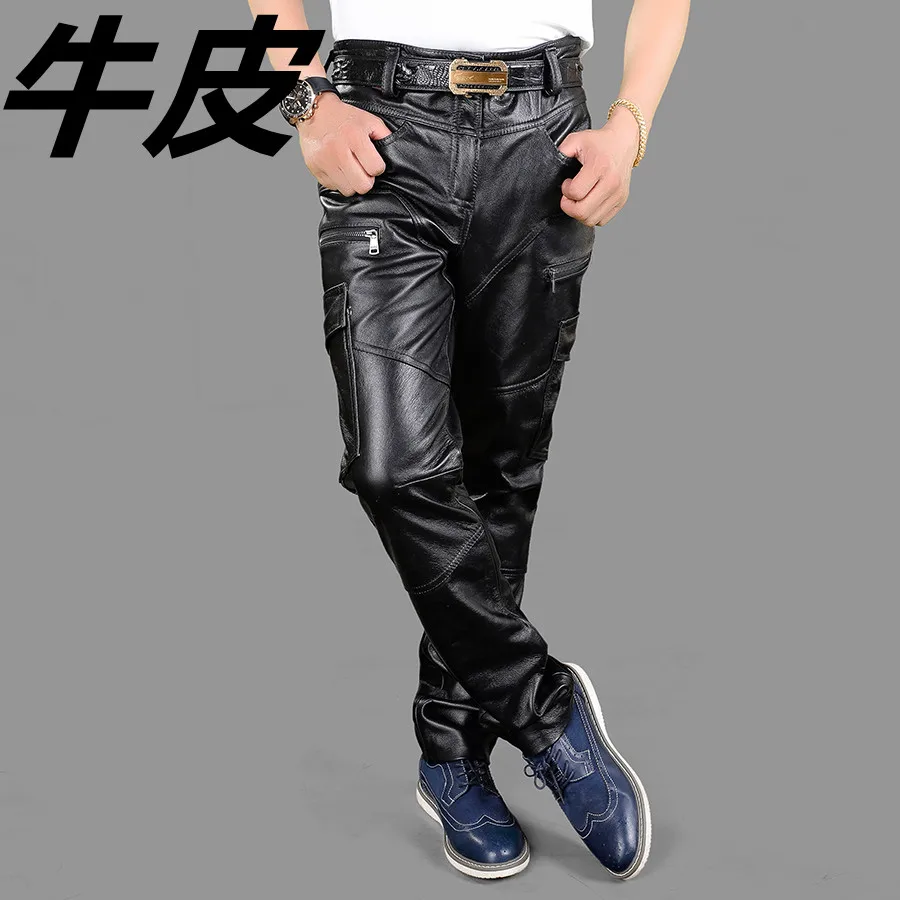 2024 Men's Genuine Leather Pants Youth Multi-Pocket Slim Feet Motorcycle Riding Casual Leather Pants