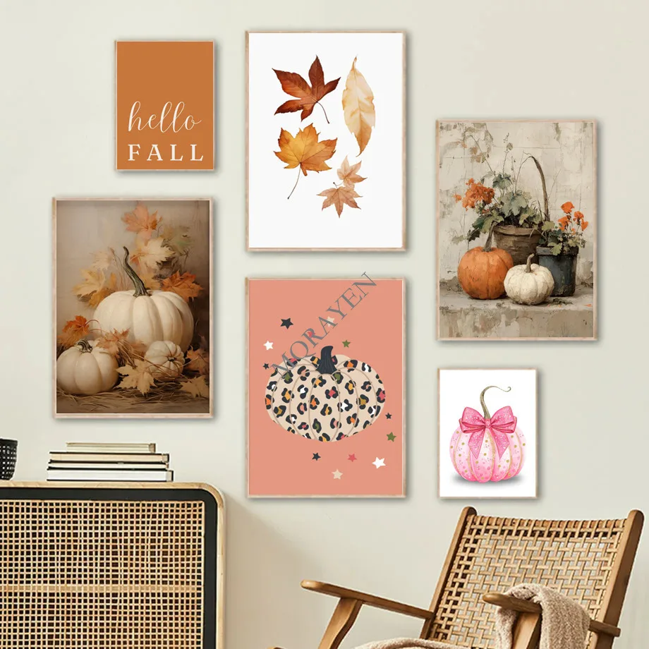 Pumpkin Maple Leaves Poster Print Vintage Autumn Vibes Floral Pumpkins Pink Halloween Decor Canvas Painitng Thanksgiving Gift
