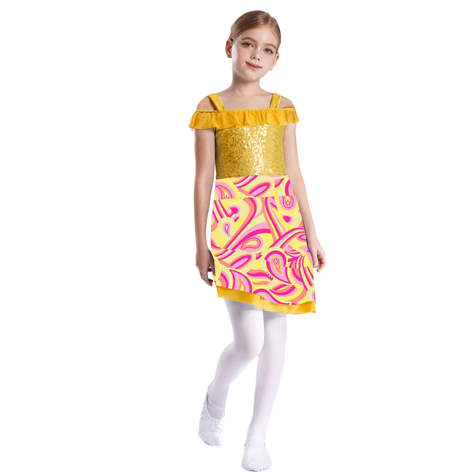 Kids Girls Sequins Patchwork Floral Sundress Off Shoulder Ruffles Asymmetrical Princess Costume Children Birthday Party Clothes