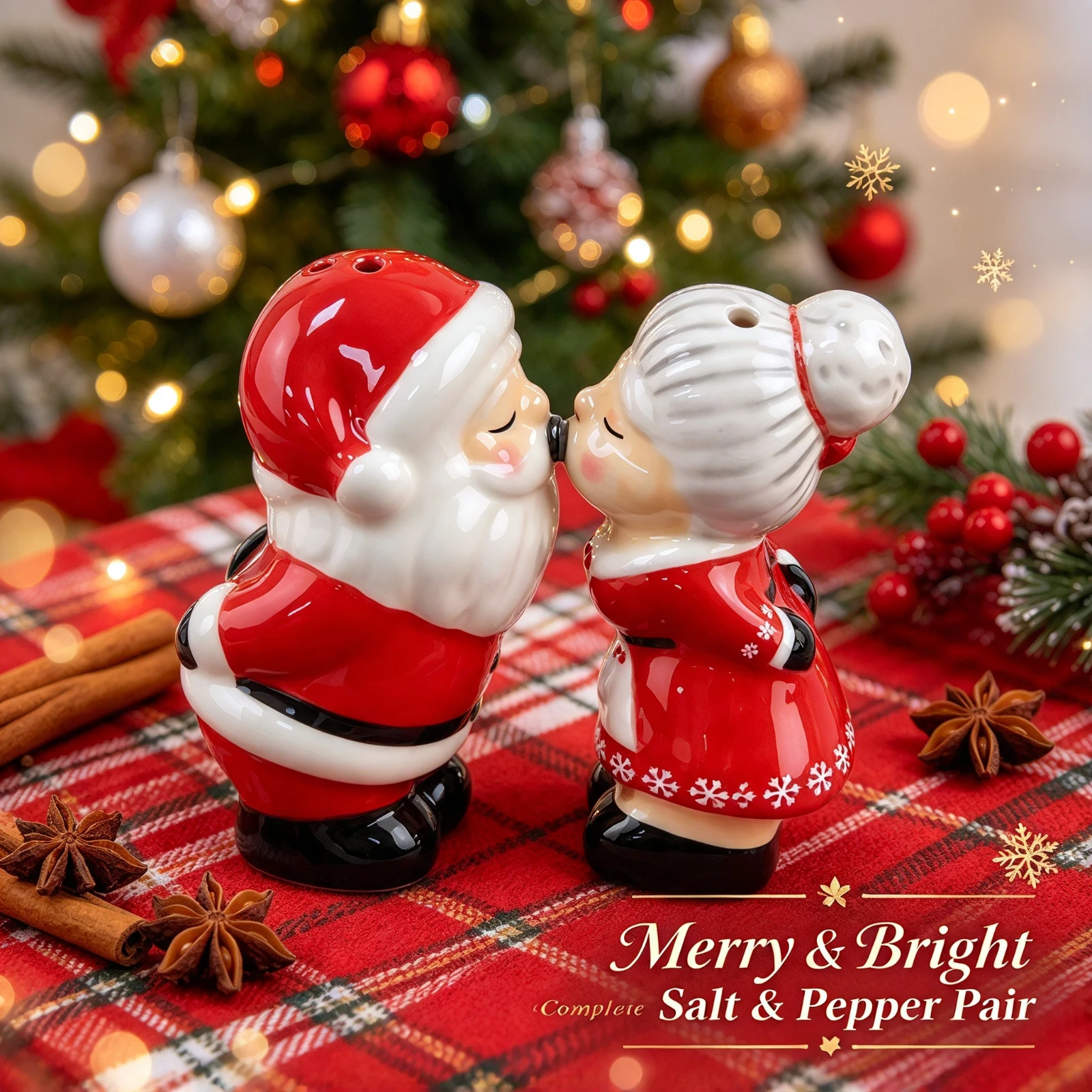 Ceramic Salt Pepper Shakers Set, Christmas Santa Claus Couple Kissing, Design Kitchen Seasoning Bottle, Home Table Decor Gift