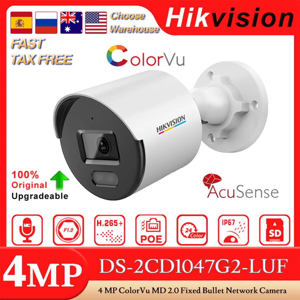 Hikvision Original DS-2CD1047G2-LUF 4MP ColorVu MD2.0 Fixed Bullet Network Camera Human&Vehicle Detection Built-in MIC SD Slot