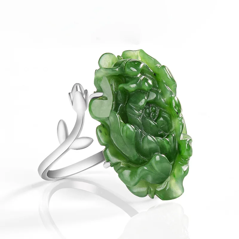 

Natural Hotan Jade Jasper Spinach Green Lotus Open Ring S925 Silver Set Women's Gifts Fashion Jewelry Adjustable Drop Shipping