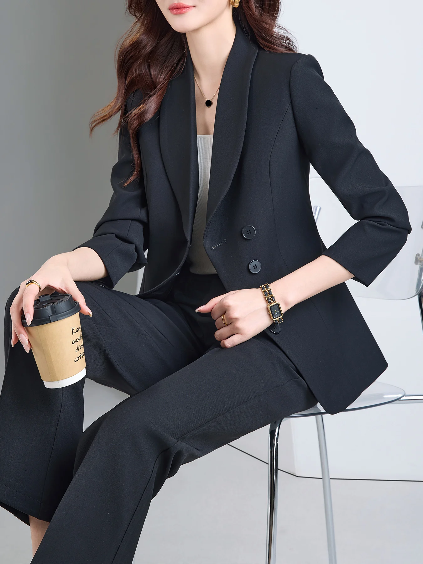 

Solid Women's 2-Piece Suit Set 3/4 Sleeve Notched Lapel Blazer and Slim Fit Trousers