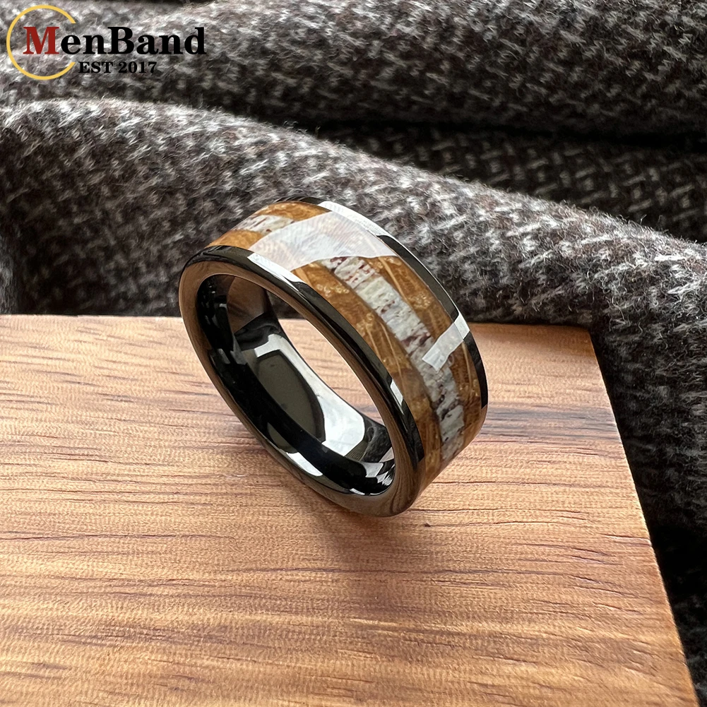 MenBand 8mm Black Tungsten Ring for Men Women Wedding Band Fashion Jewelry Whisky Barrel Wood Deer Antler Inlay