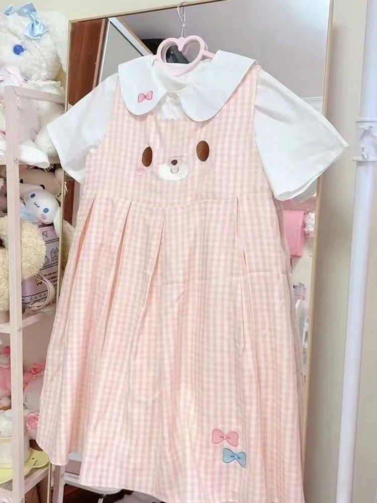 

Japanese Preppy Style Sweet Plaid Cartoon Sleeveless Mini Dress + Lolita Girl Doll Collar Blouses Summer Y2K Aesthetic Outfits