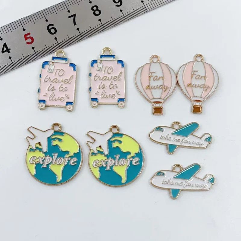 10pcs Enamel Travel Charms Alloy Pendant Airplane Hot Air Balloon Luggage DIY Jewelry Making Accessories