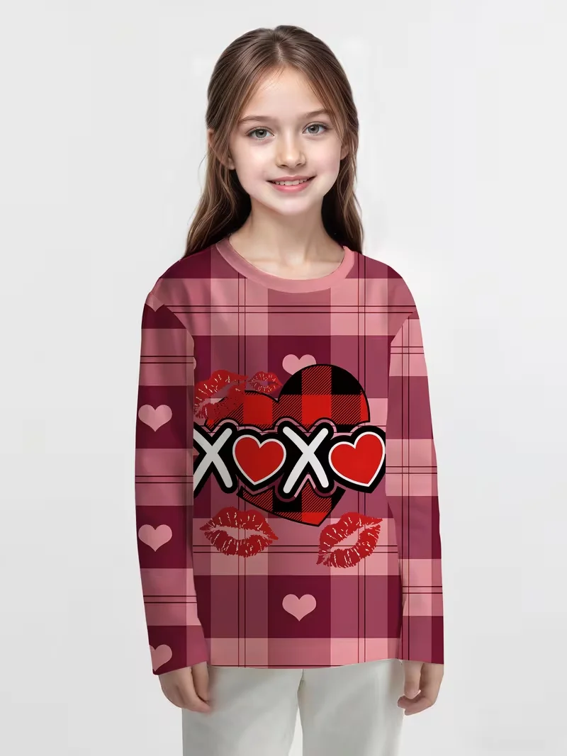 kids t‑shirt,crew neck long sleeve tee,xoxo letter print,lip kiss mark all‑over pattern,white red casual top for girls dailywear