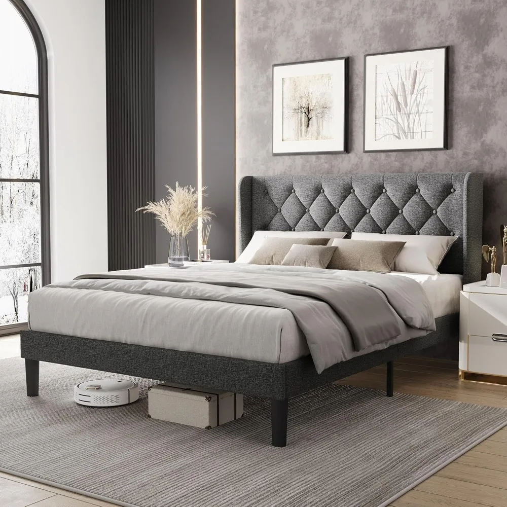 

Full Size Bed Frame with Headboard, Linen Upholstered Bed Frame with Solid Wooden Slats Support, NO Box Spring Needed, Grey