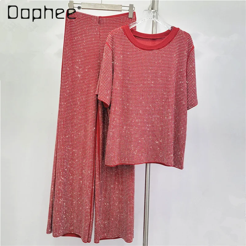

Высококачественные блестящие брюки с короткими рукавами и эластичной резинкой на талии, широкие брюки, модный комплект, женский элегантный универсальный повседневный комплект из двух предметов большого размера