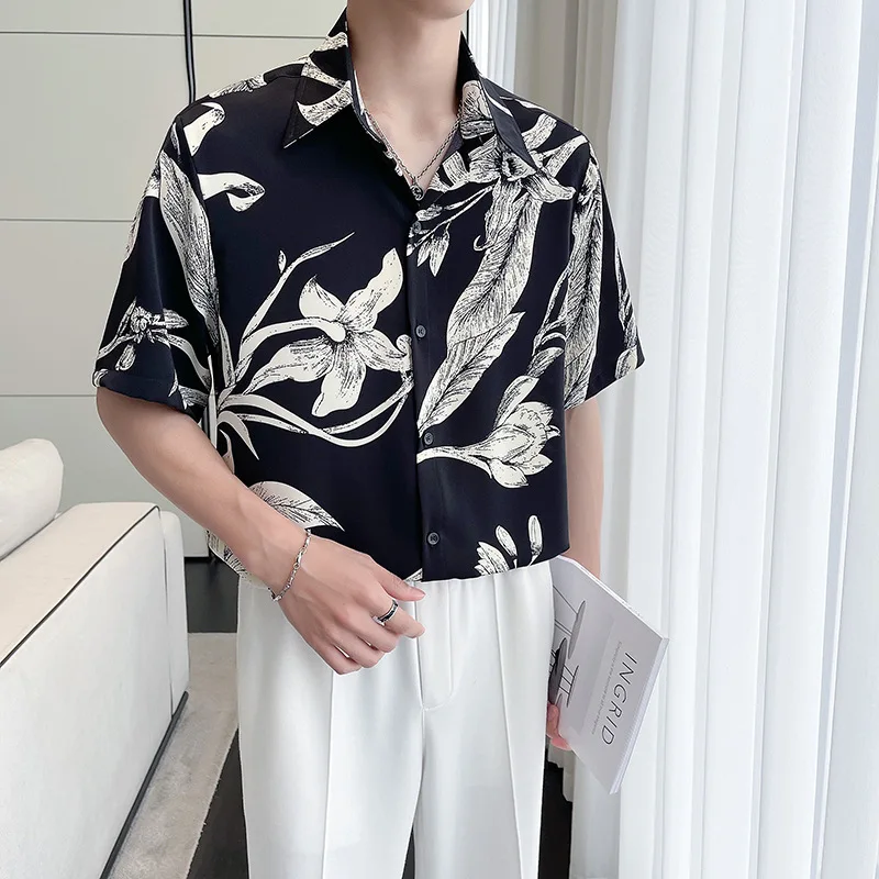 2023 Mode Bloemen Shirts Mannen Korte Mouwen Losse Casual Shirts Hoge Kwaliteit Niet Strijken Social Party Streetwear Heren Kleding