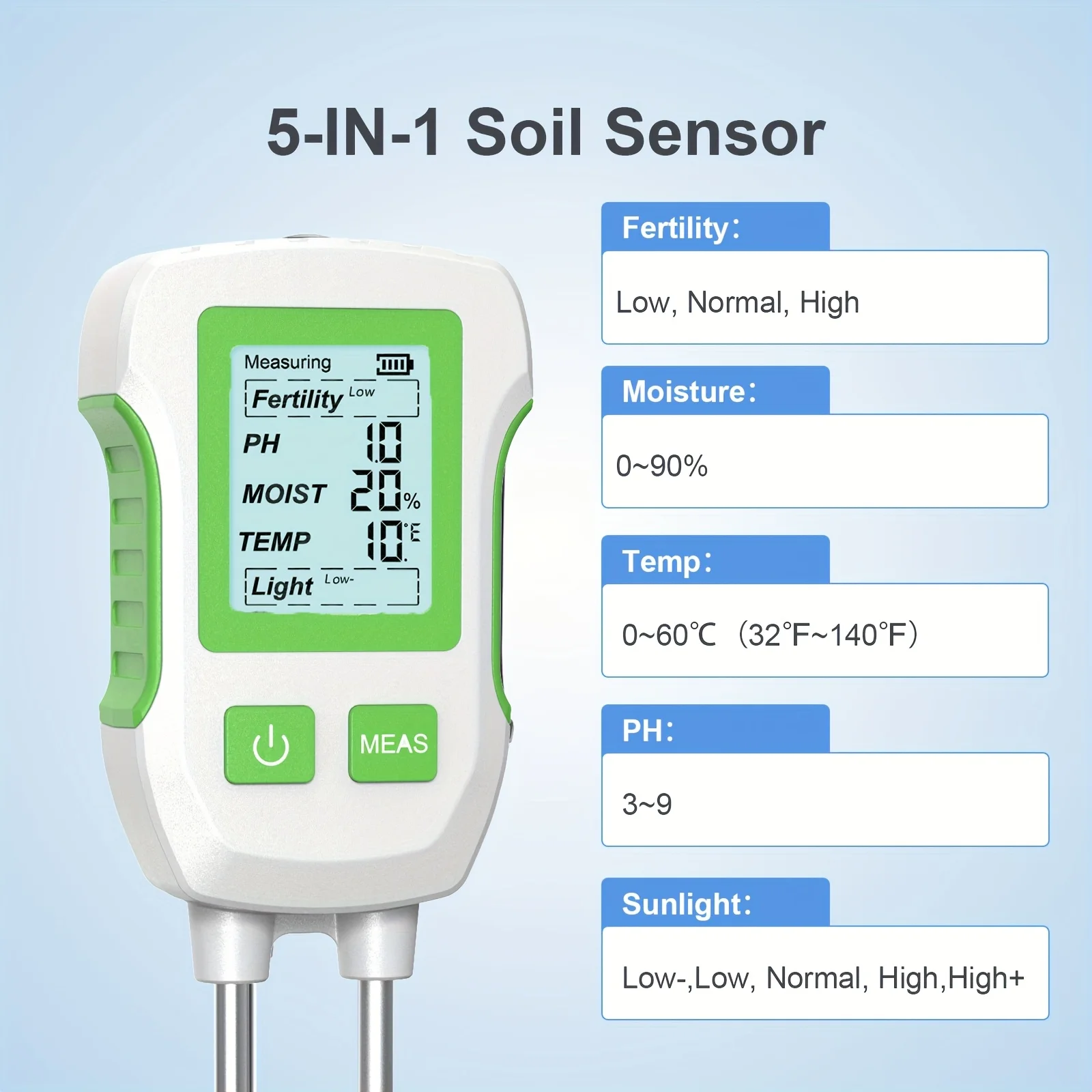 

5-in-1 Potted Plant and Lawn Soil Tester, Testing Soil Fertility, Temperature, Humidity, PH Value, Light, Gardening Tools