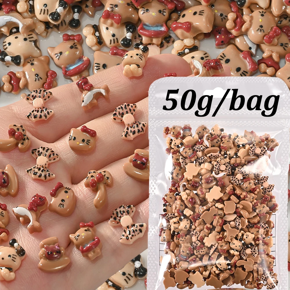 

50g 3D Black Skin Hello Kitty Nail Accessories Hawaii Tanning Kitten Leopard Bowknot Summer Nail Charms Cartoon Resin Nail Decor