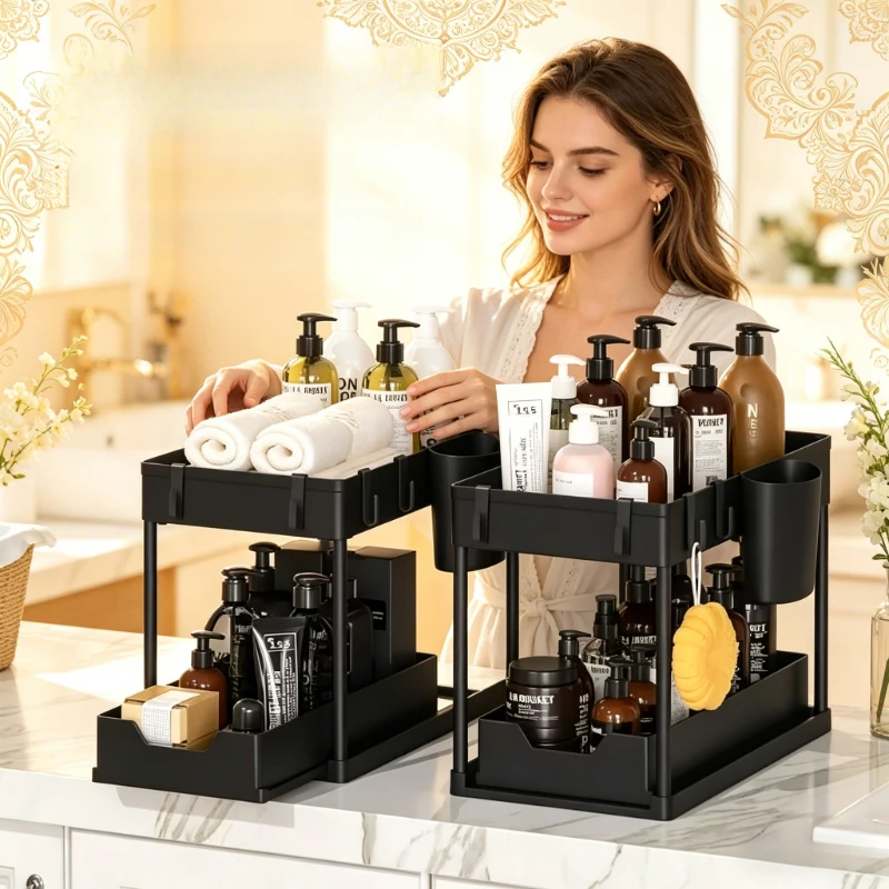 

2-Tier Under Sink Cabinet Organizer, Sliding Drawer Basket with Hooks & Hanging Cup for Kitchen & Bathroom