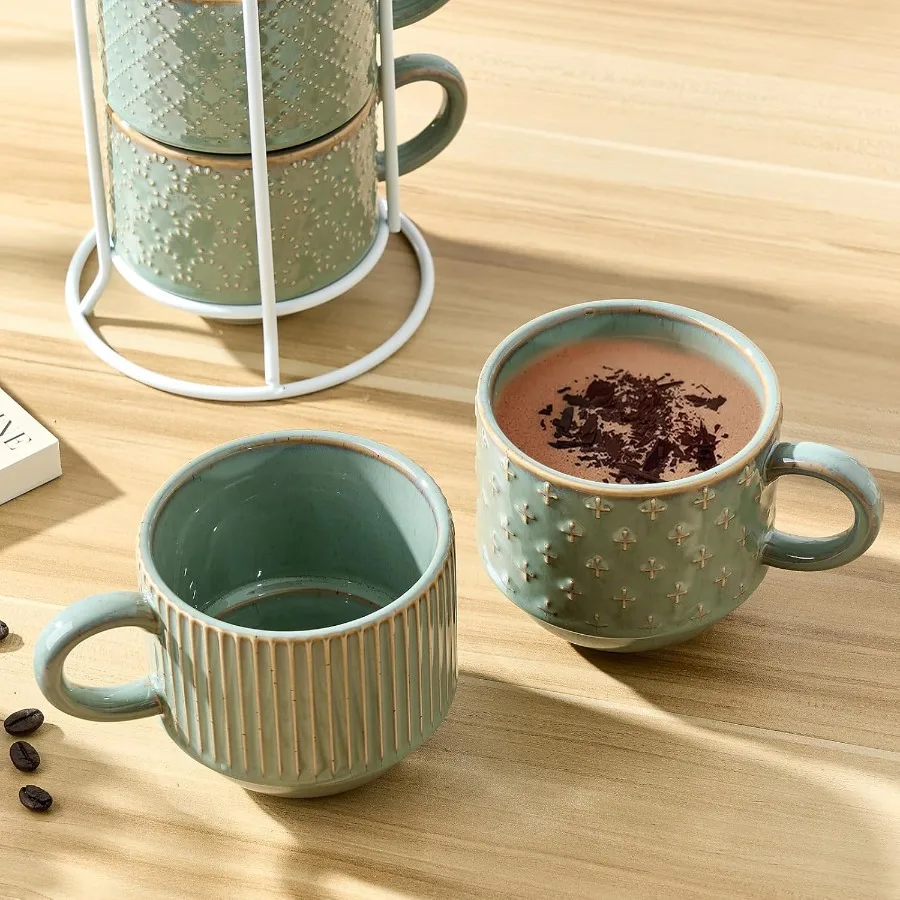 Grande caneca de café cerâmica conjunto de 4 com suporte 15 oz empilhável gravação com nervuras latte copo conjunto para cappuccino latte chá cacau quente