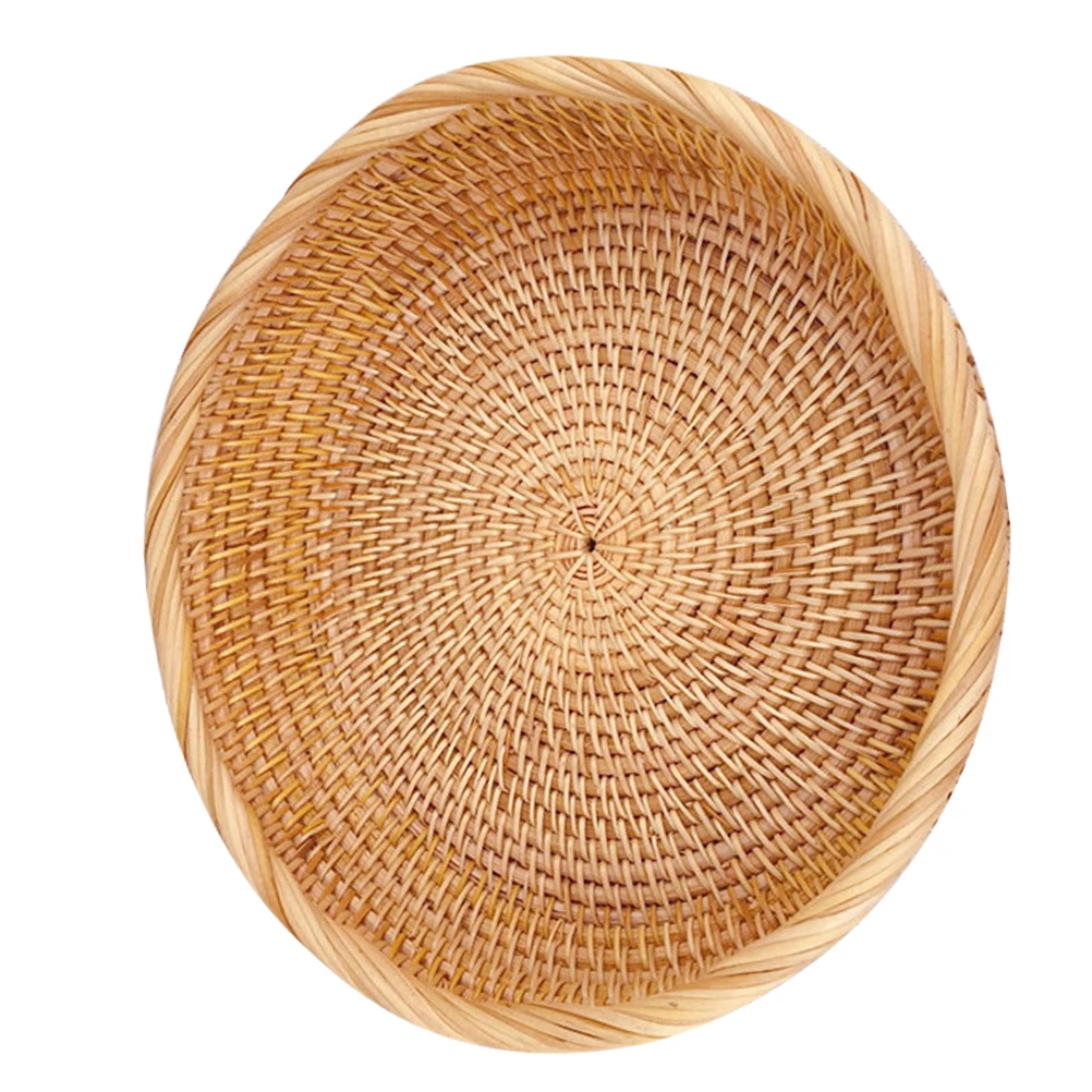

Rattan Storage Basket Woven 19x3cm Shallow Round Fruits Snacks Organizer Safe Materials Lightweight Home Living Room Tabletop