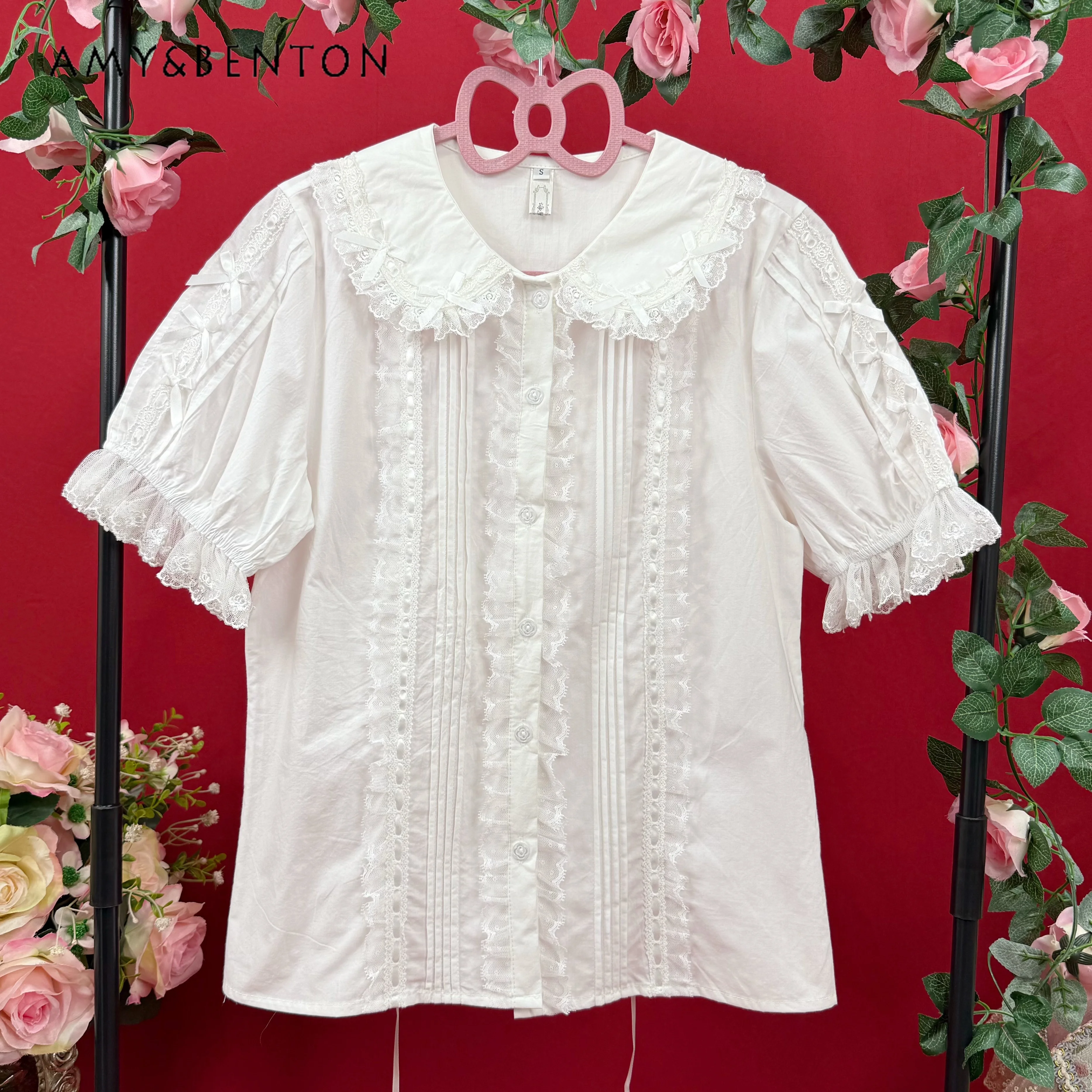 Lolita Sweet Doll Collar Lace Splicing Short-sleeved Shirt Original Design Cute Solid Color Versatile Thin Shirt Women Summer