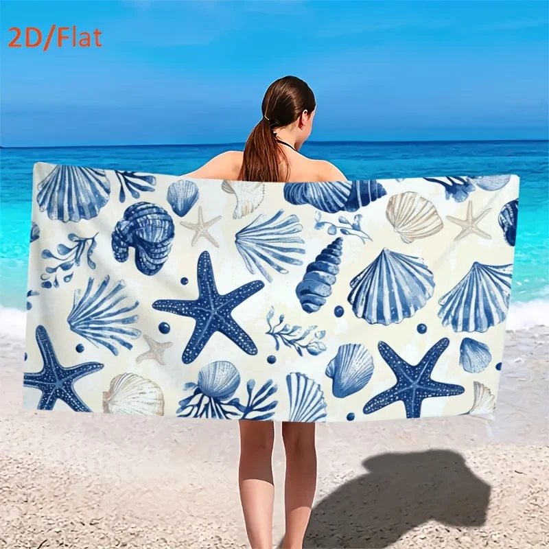 Dream of The Ocean Beach Towel, Blue Shell Starfish 2D Flat Design Quick Dry Absorbent for Coastal Vacations Outdoor Travel