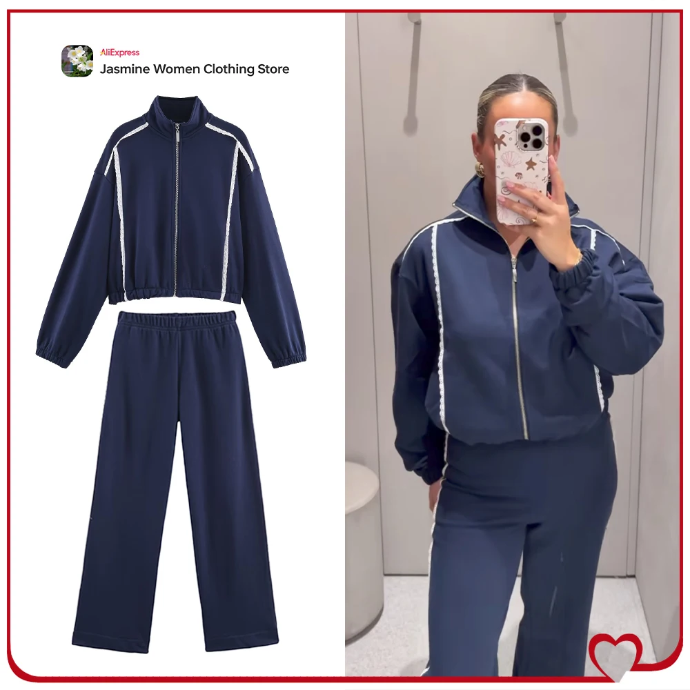 

Women's Contrasting Lace Trim Pant Sets Stylish Navy Blue Co Ord High Neck Long Sleeves Lace Trim Sweatshirt and Wide Sweatpants