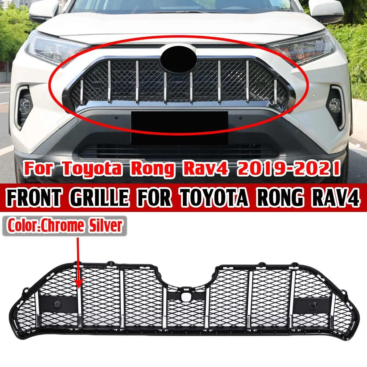 

New Chrome Silver Car Front Bumper Mesh Grille Grill For Toyota For Rong Rav4 2019 2020 2021 ABS Grille Grill For Toyota Rav4