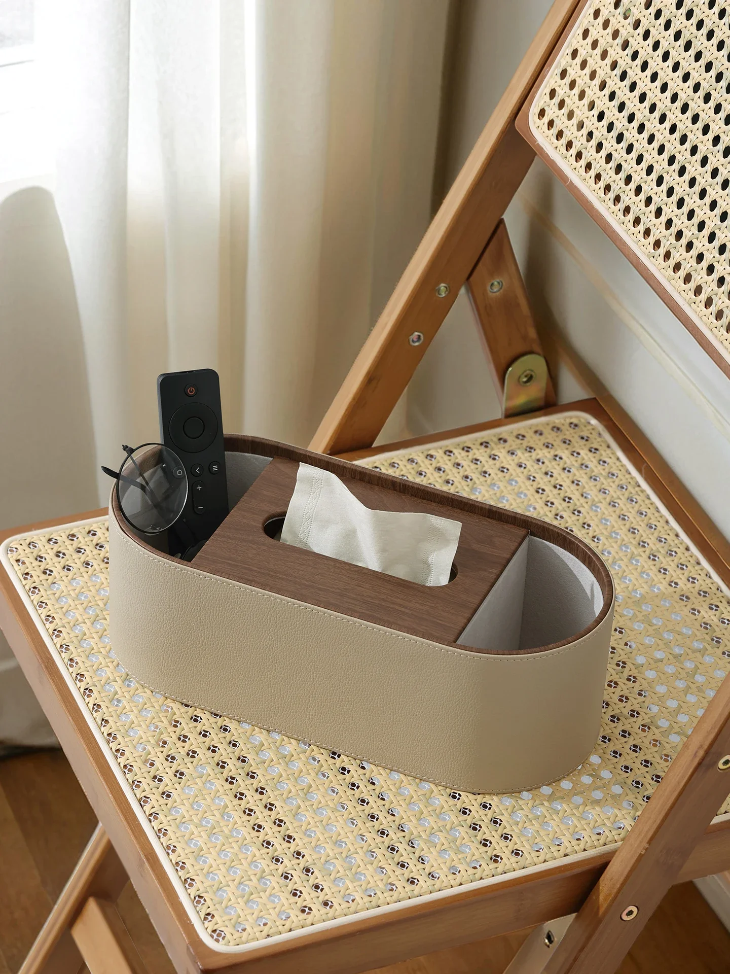 Luxury Walnut Grain Tissue Box | Leather Remote Control Holder & Storage Organizer | Elegant Living Room Decor with Drawer