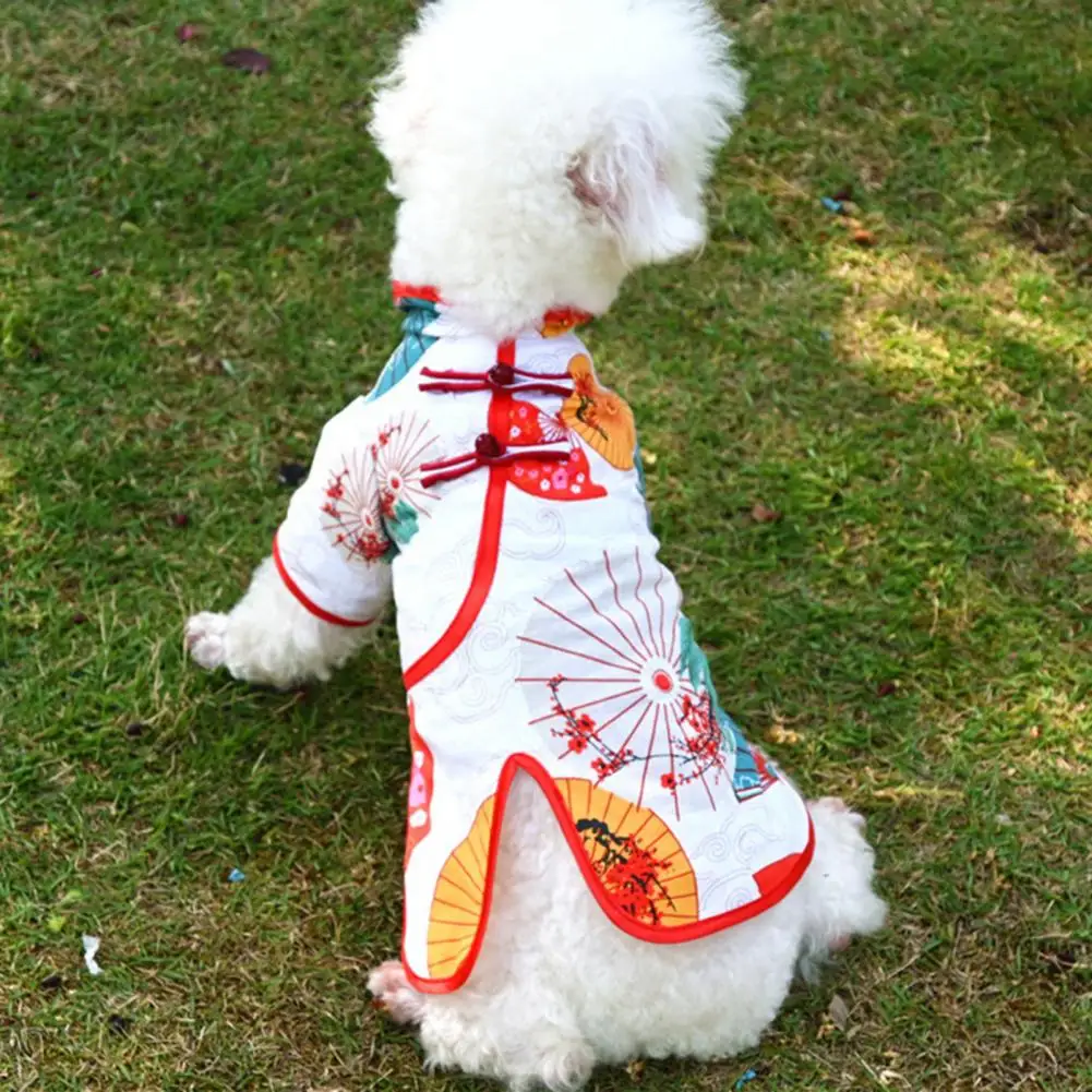 Lovely  Pet Cheongsam Washable Puppy Dog Skirt Pet Vest Cheongsam Fan Umbrella Printing Disc Buckle Pet Dress for Home Wear